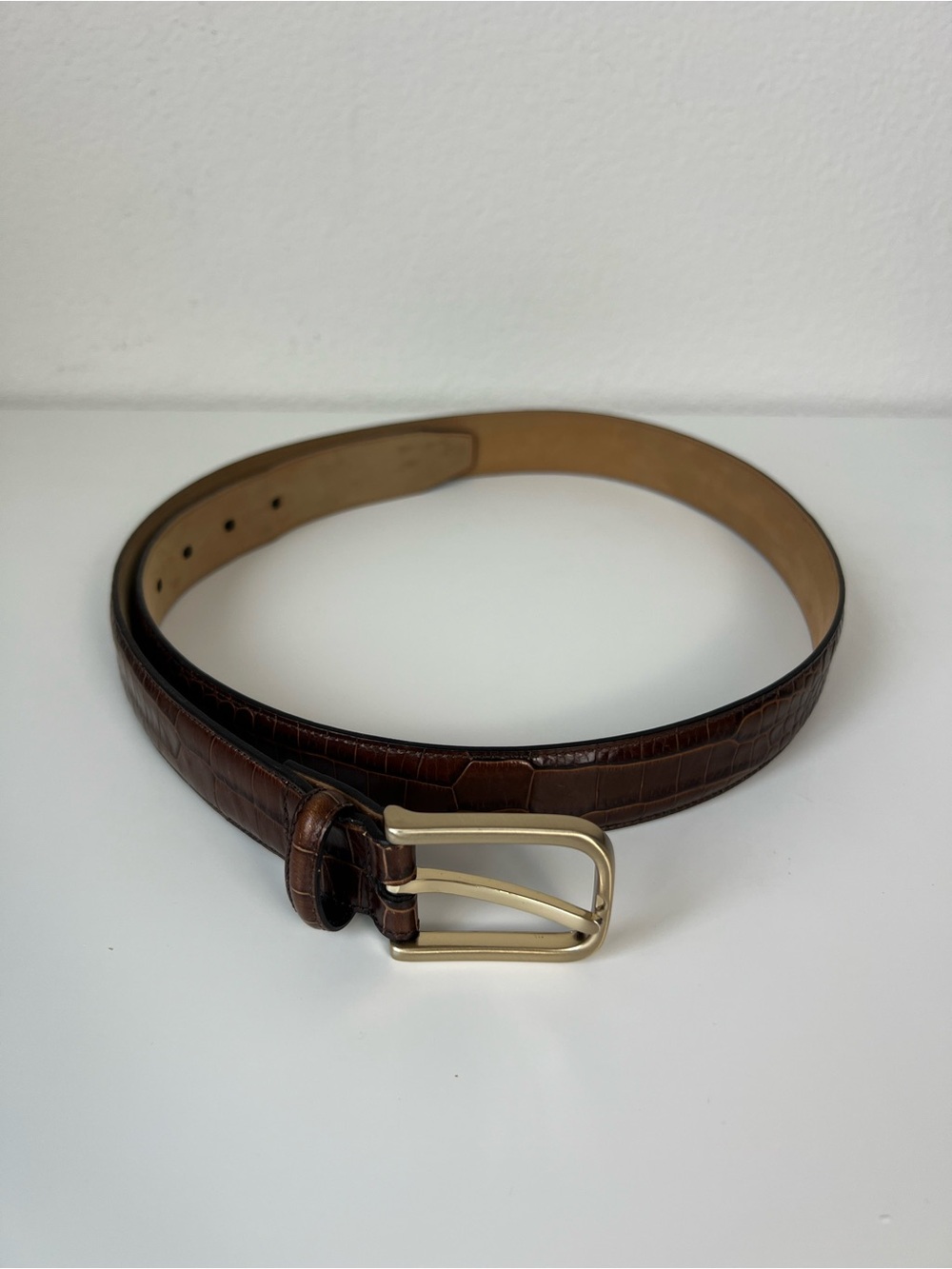 Tasso Elba Italian Leather Croc Embossed Belt Brown Gold Buckle Academia 38/93